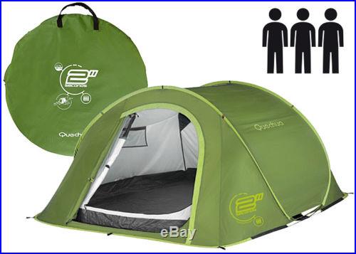 Quechua Waterproof Pop Up Camping Tent 2 Seconds III, 3 Man Double Lining Green